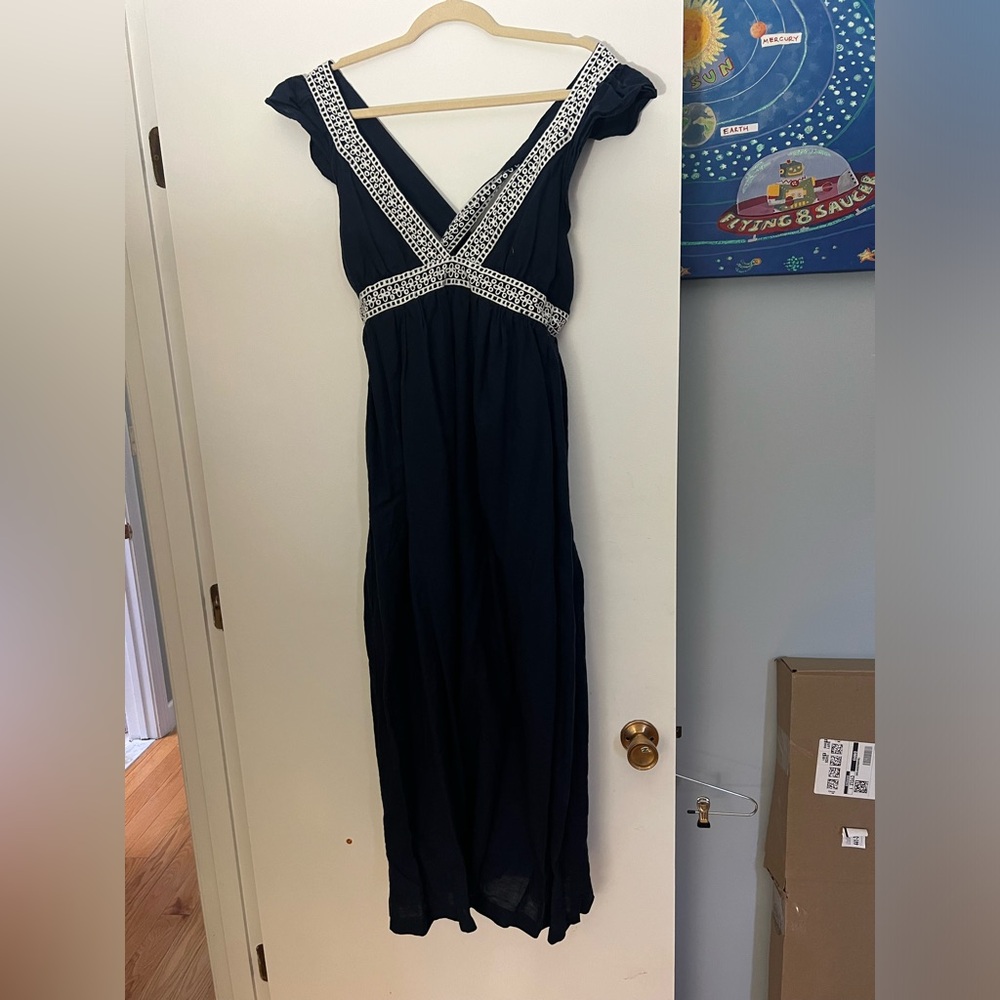 J.Crew maxi dress with delicate embroidery and deep V and open back.